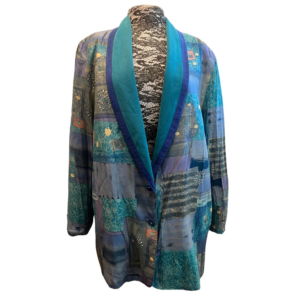 Vintage 80s Blazer Plus 1X City Girl Green Patchwork Print‎ Corporate Academia